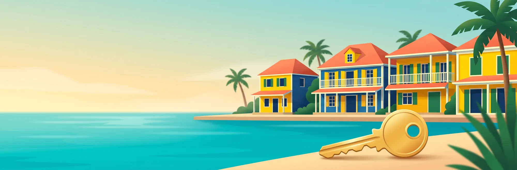 Maisons colorées au bord de mer avec une clé dorée, illustration Mi Bel Immo