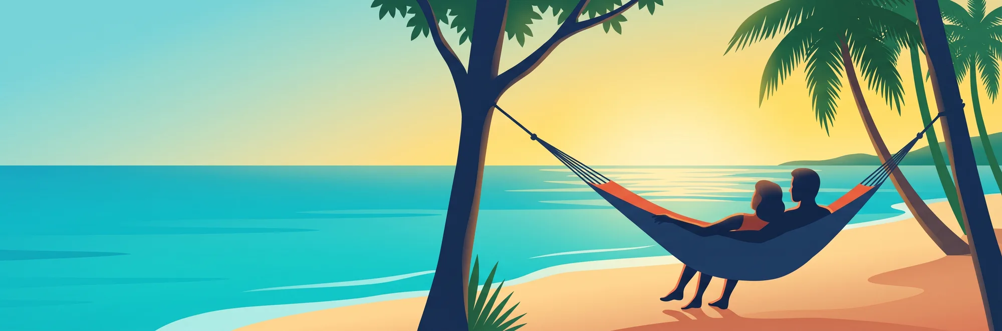Retraite paisible : un couple se détend dans un hamac face à la mer au coucher du soleil, illustration Mi Bel Retraite