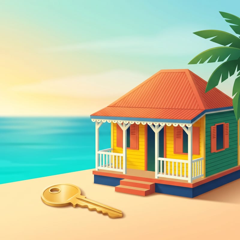 Maison créole et clé dorée sur une plage, symbole de patrimoine immobilier