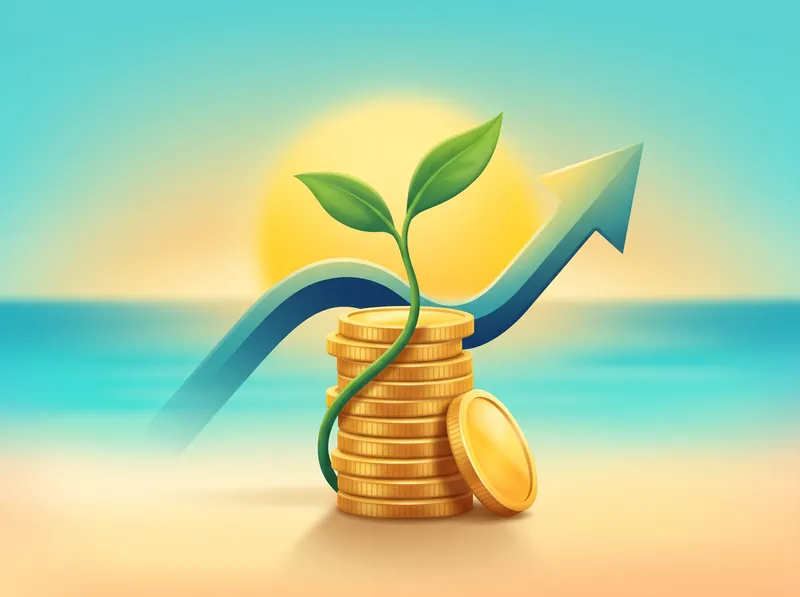 Flèche de croissance, pousse verte et pièces empilées, symbole de rendement